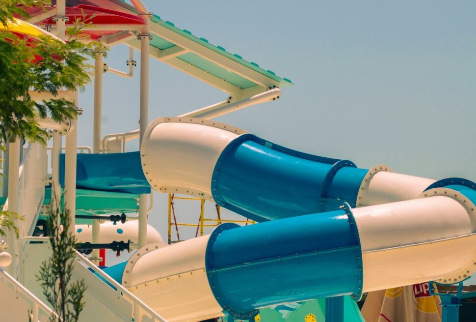 Blue and white water slides at a water park