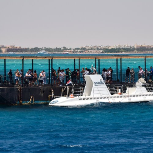 Tourist submarine at its floating boarding platform in Hurghada
