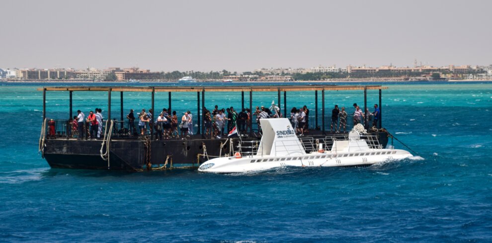 Tourist submarine at its floating boarding platform in Hurghada