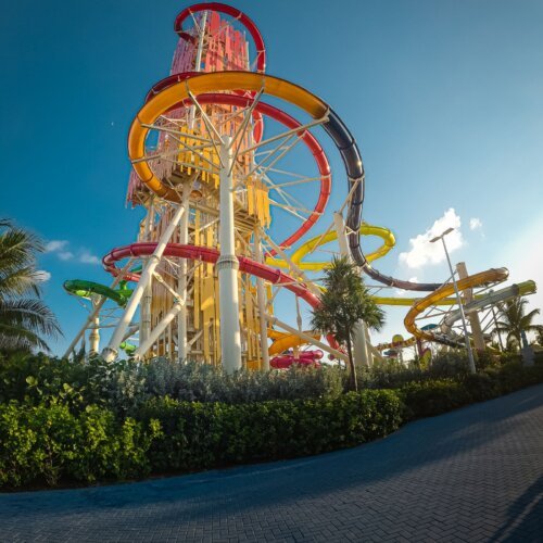 Water park slides under a blue sky