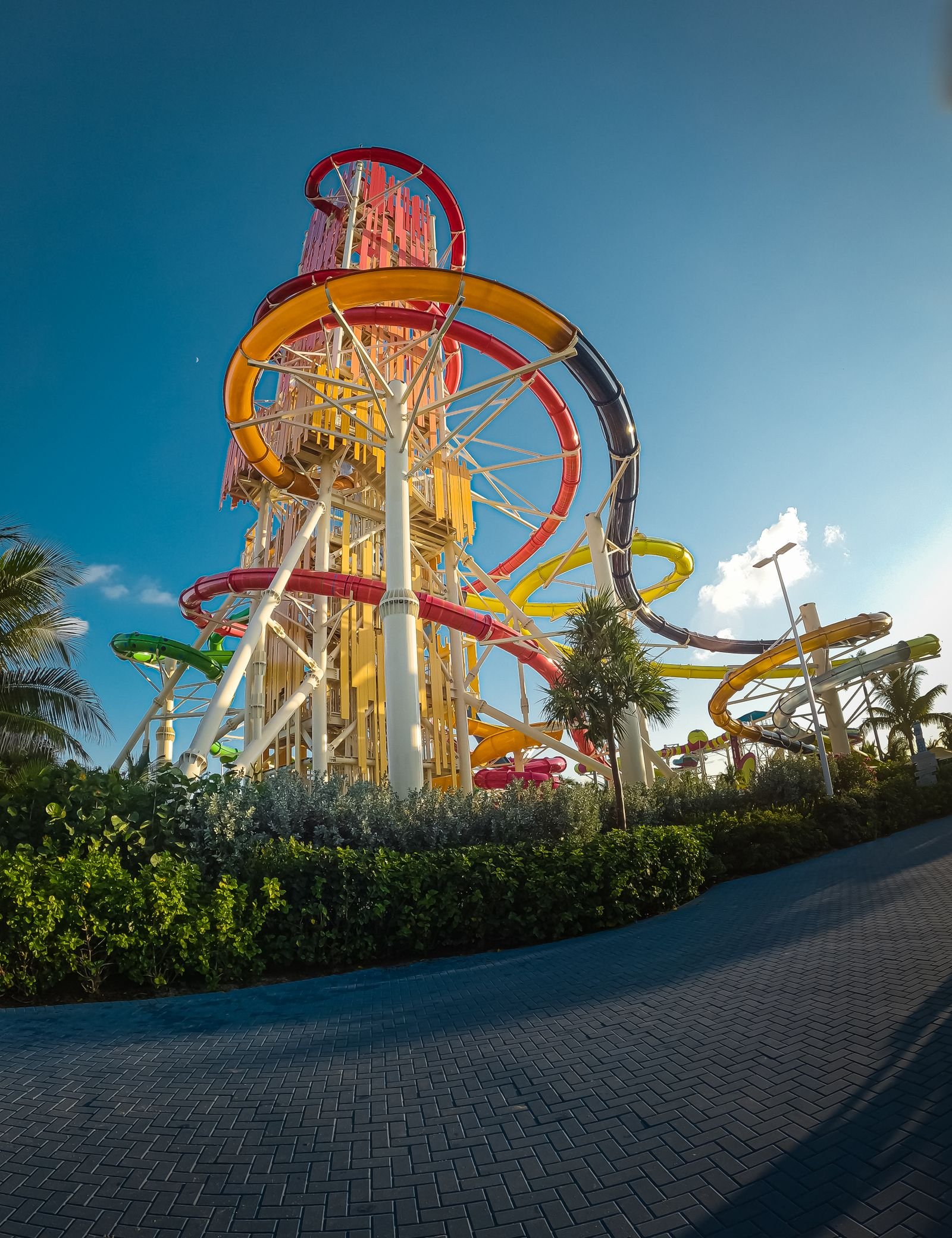 Water park slides under a blue sky